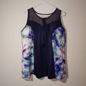 LIVI Wireless Half-Zip Swim Tankini Mesh Yoke Abstract Watercolor&Black Sz 28